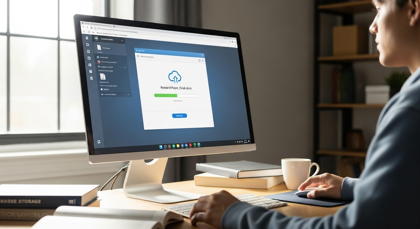 Student saving work to cloud storage from a virtual desktop session, emphasizing non-local file persistence.
