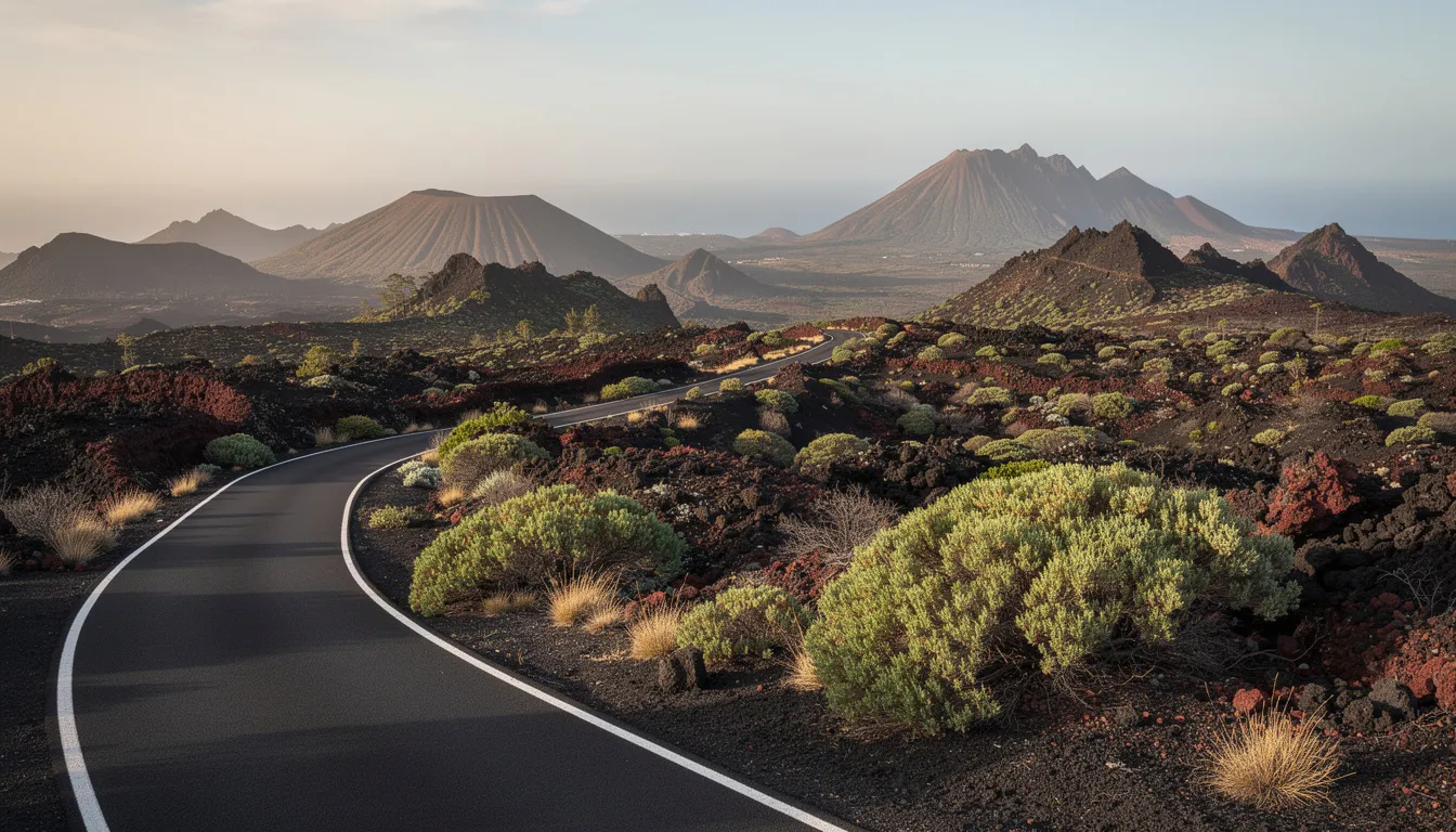 Une route sinueuse serpente à travers un paysage volcanique impressionnant des îles Canaries, avec des formations rocheuses noires et des collines verdoyantes. Ce décor naturel spectaculaire est idéal pour une escapade en voiture, permettant aux visiteurs de découvrir la beauté de Gran Canaria et Lanzarote.