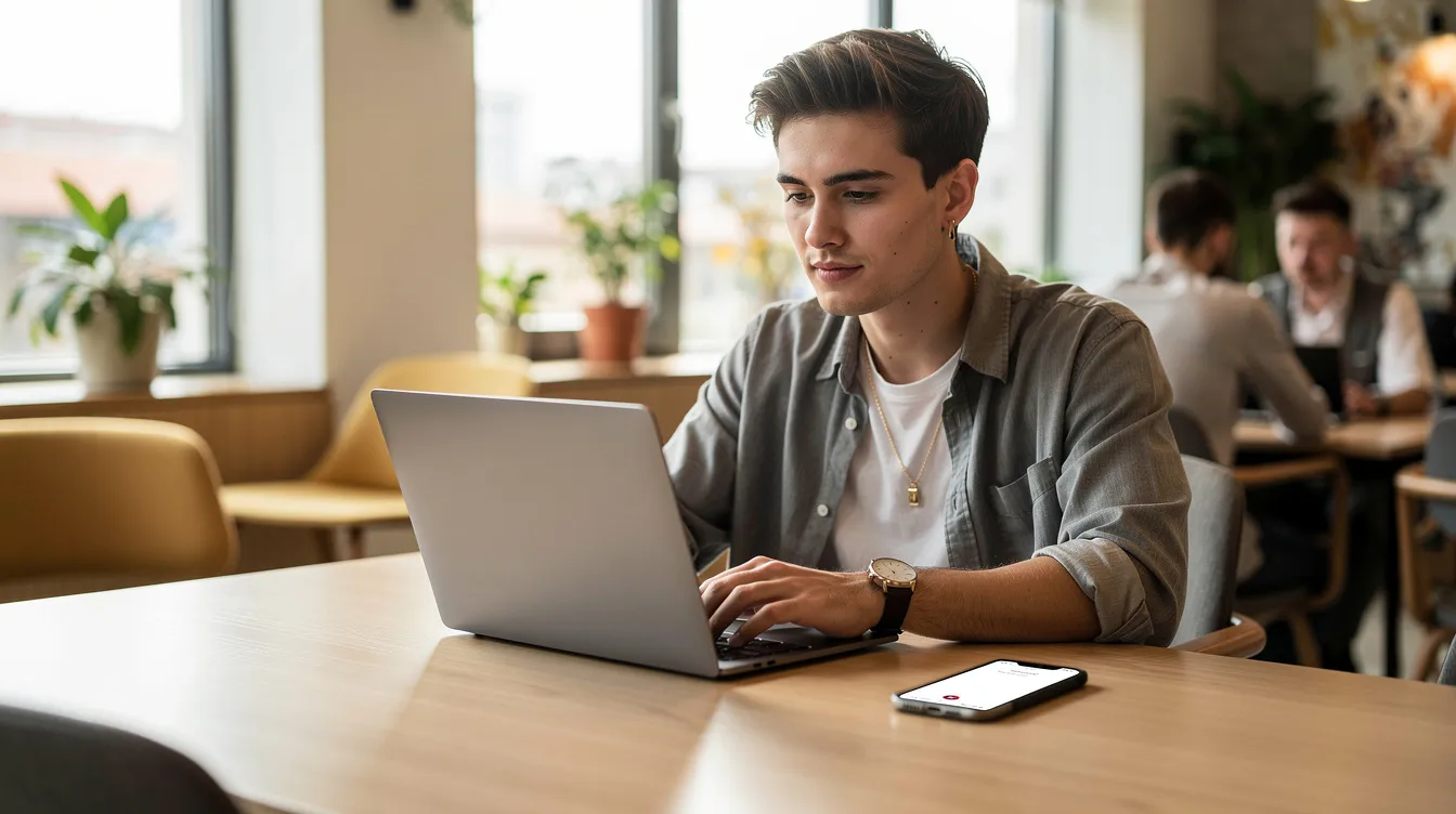 A young freelancer is seated at a modern coworking space, focused on their laptop, with a smartphone placed beside them. The image reflects a contemporary work environment, highlighting the increasing trend of managing money digitally through mobile wallets and online payments.