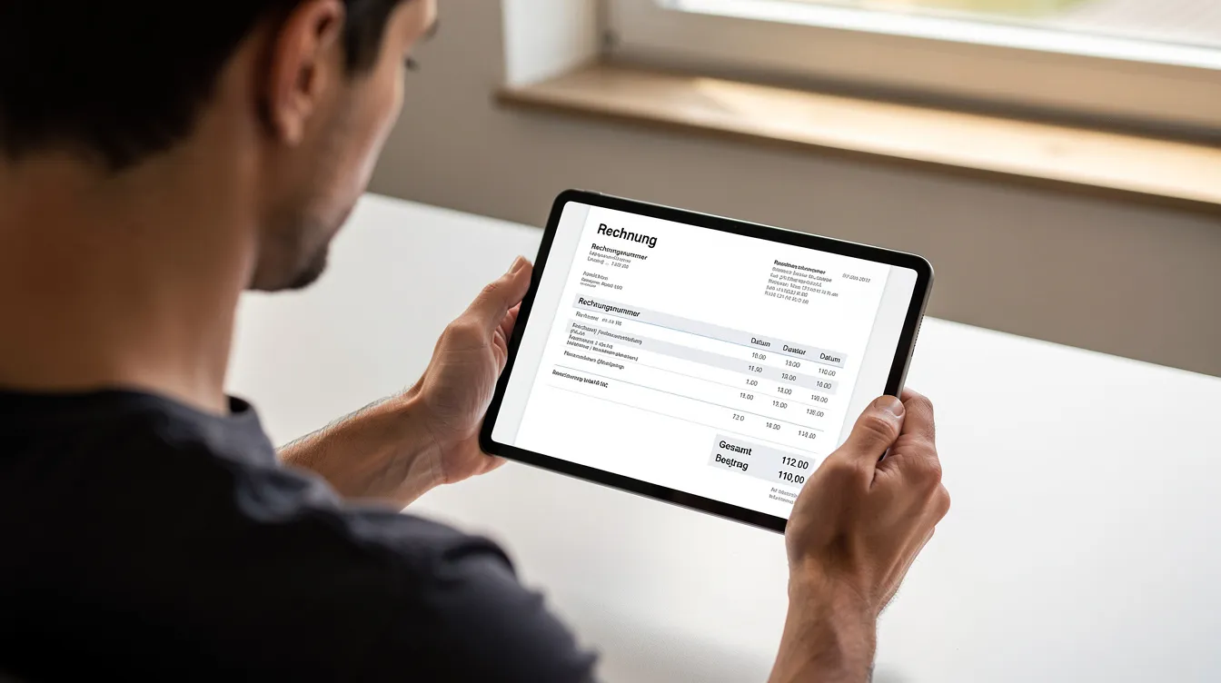 Eine Person betrachtet auf einem Tablet eine digitale Rechnung, die Informationen zu Verträgen und Abschlägen enthält. Im Hintergrund sind Symbole für den Zugang zum Kundenportal und die Anmeldung zu sehen, die auf die Funktionen des Enercity-Serviceportals hinweisen.