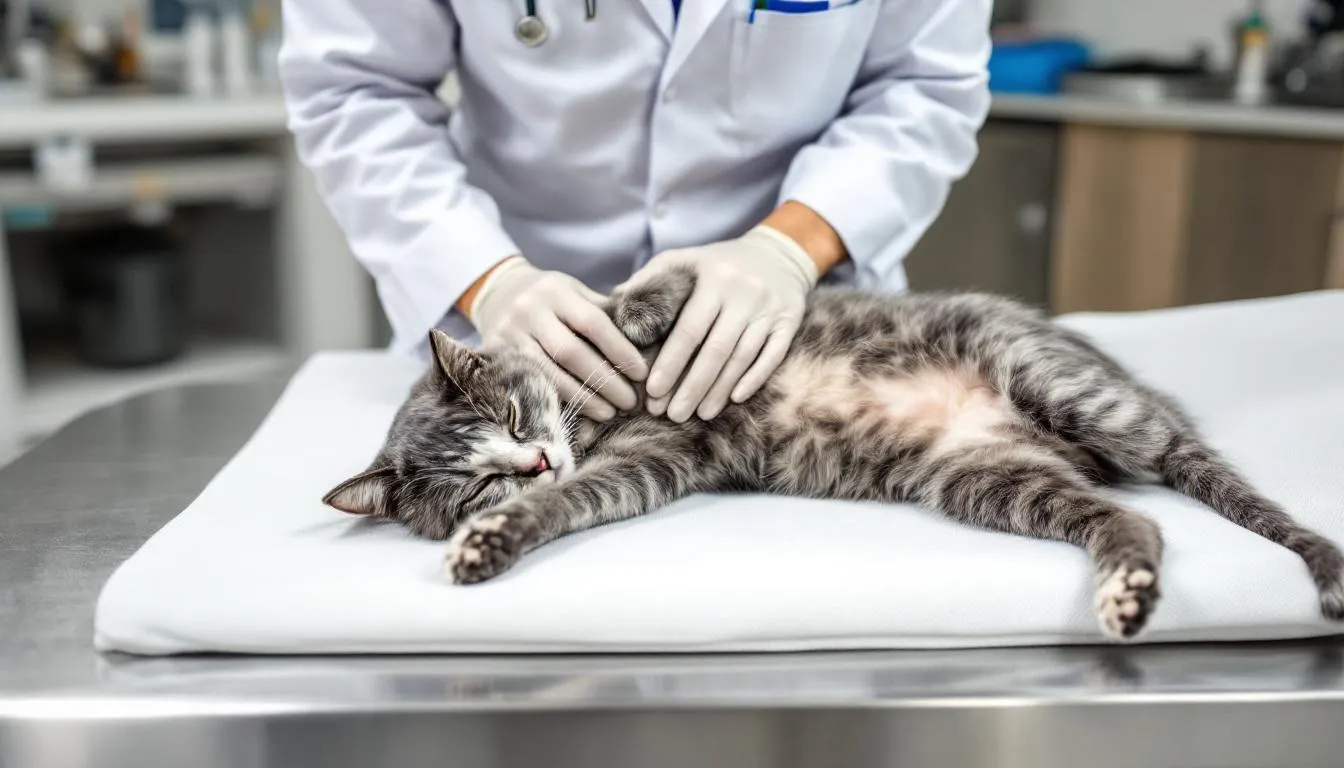 Een dierenarts onderzoekt een oudere kat op de onderzoekstafel, waarbij ze let op symptomen van cognitieve dysfunctie en mogelijk dementie bij de kat. De rustige benadering van de dierenarts helpt om het angstig gedrag van de kat te verminderen terwijl ze medische oorzaken uitsluit.