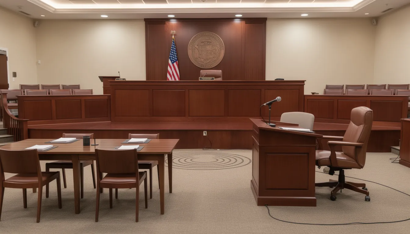 The image depicts a formal hearing room featuring a judge's bench and a designated witness area, typically used during proceedings involving social security disability claims. This setting is where an administrative law judge (ALJ) evaluates evidence and makes decisions regarding disability benefits applications and appeals.
