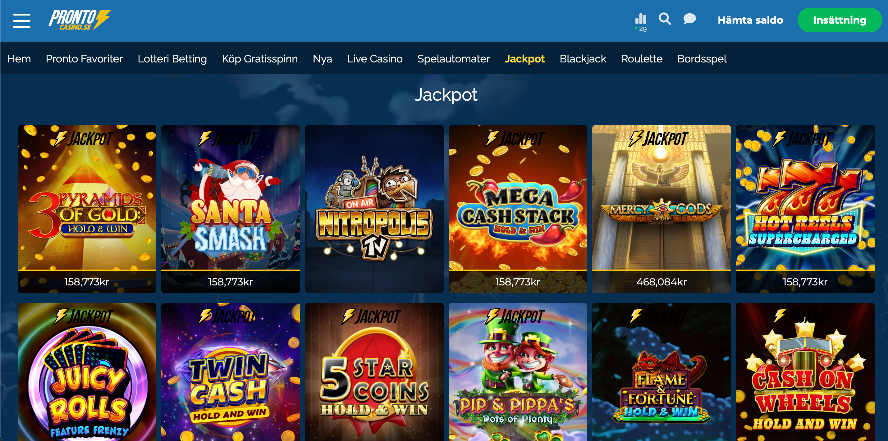 Pronto Casino jackpotar