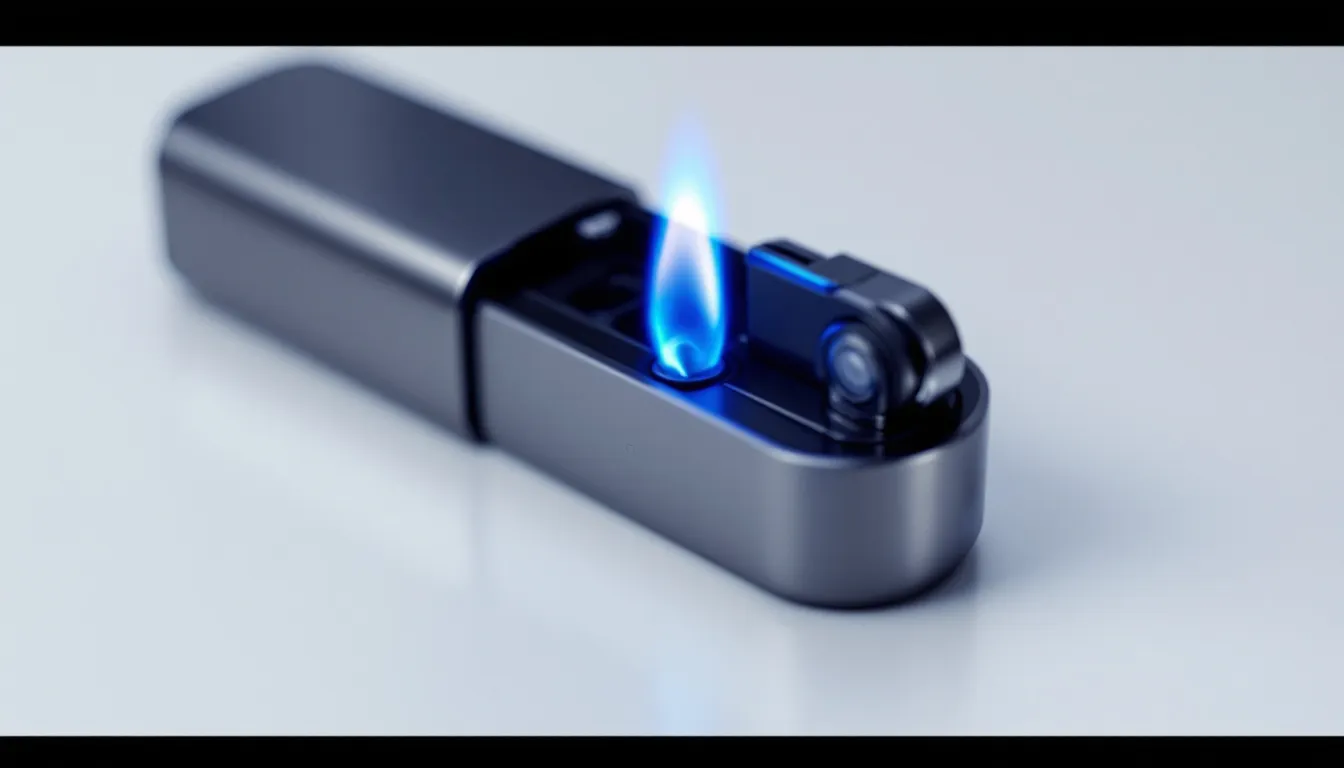 A close-up of a Vertigo lighter with a flame ignited.