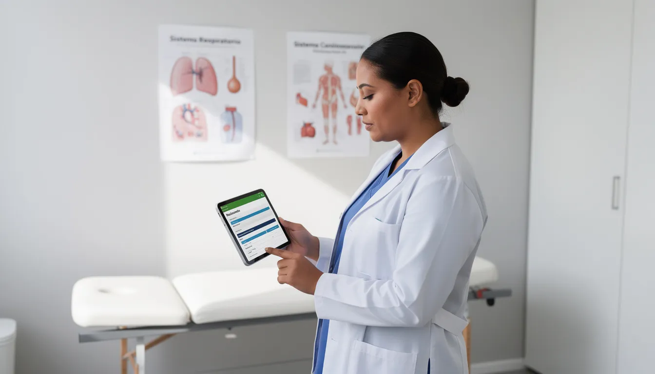 Un profesional de salud está revisando expedientes clínicos en una tableta electrónica dentro de un consultorio moderno, asegurándose de cumplir con las normas de la Secretaría de Salud y la Ley General de Salud para ofrecer una atención adecuada al paciente. La imagen refleja un ambiente profesional y organizado, donde se manejan datos importantes sobre la salud y el historial médico de los usuarios.