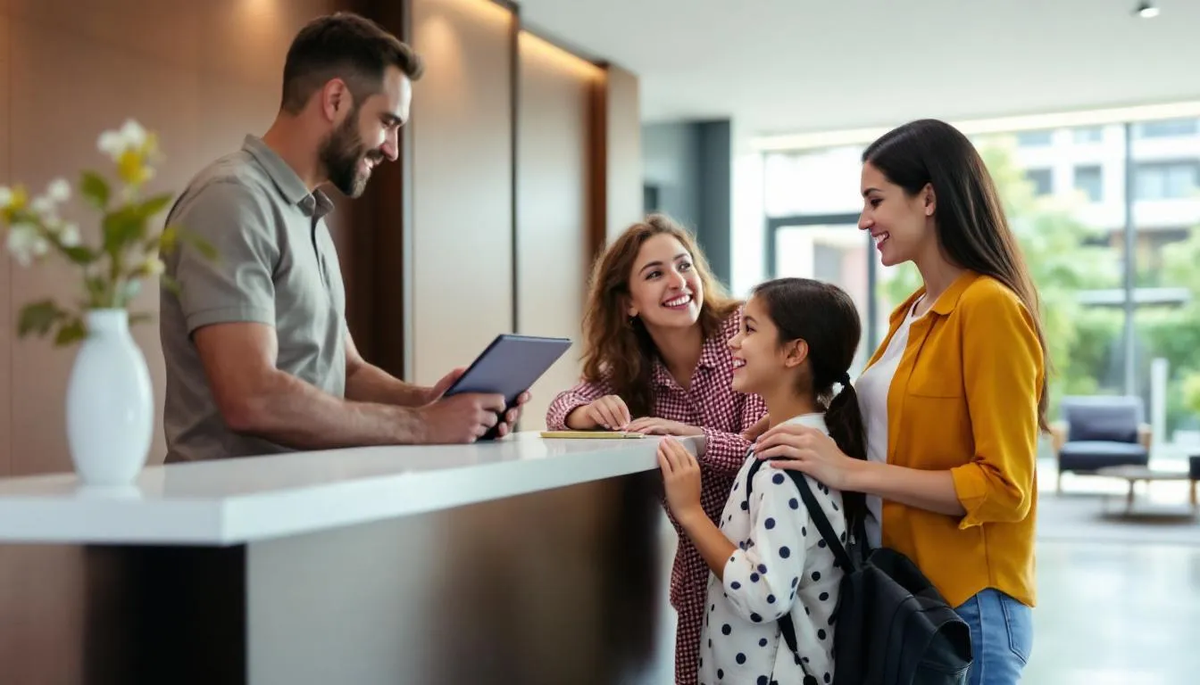 A family with children is checking into a hotel at the front desk, smiling as they interact with the hotel staff. This scene captures the excitement of family travelers as they embark on their stay, showcasing the welcoming atmosphere of the hotel.