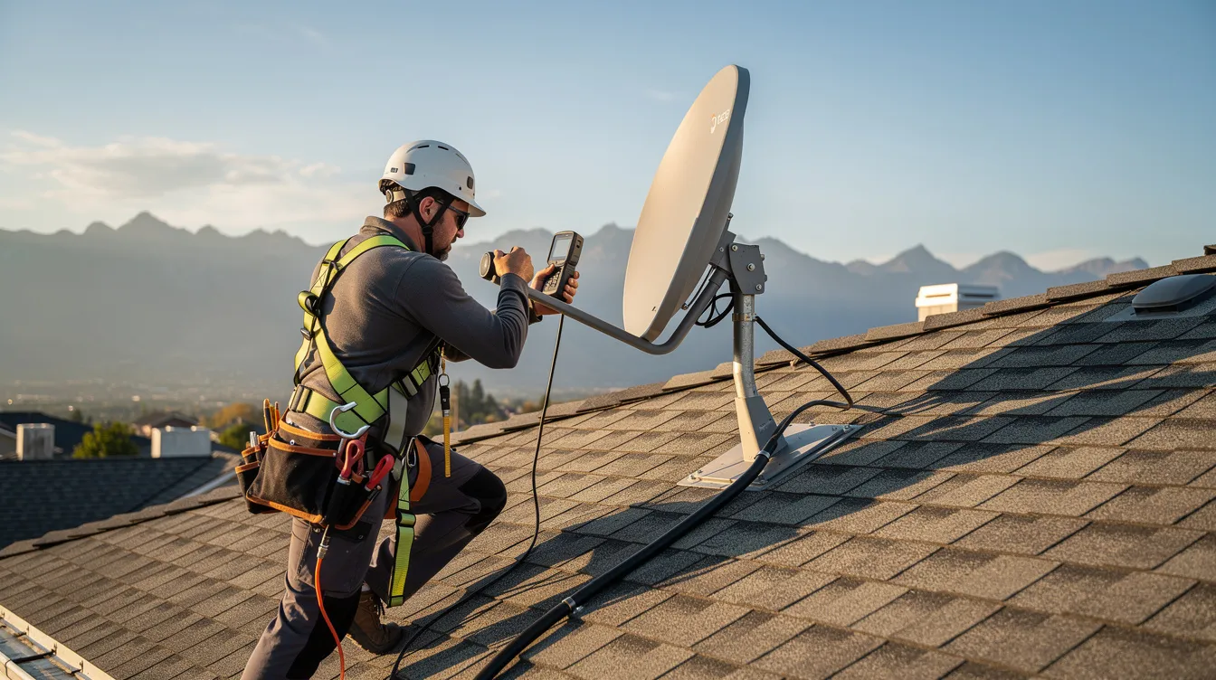 A professional technician is installing a satellite dish on a residential rooftop, with stunning mountain views in the background, ensuring reliable access to DStv services in Cape Town. This installation allows residents to enjoy their favorite DStv entertainment and manage their subscriptions effortlessly.