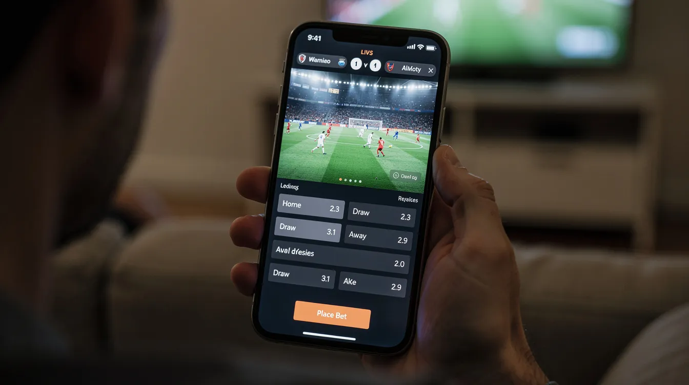 The image shows a smartphone screen featuring a live football match, with dynamic betting odds displayed over the video. This setup highlights the excitement of sports betting, particularly on non Gamstop betting sites, where users can engage in responsible gambling while enjoying the game.