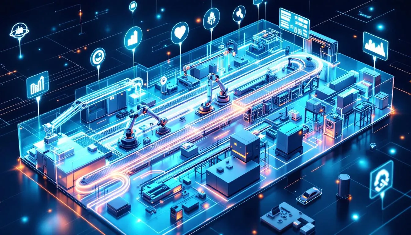 A digital twin simulation of production processes in a smart factory.