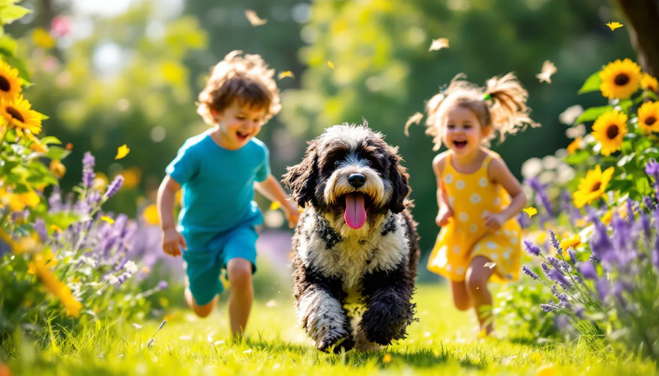 An AI image of a Portuguese Water Dog running in a field with two children