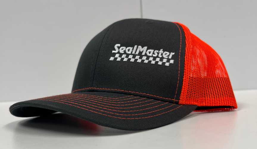 A company's custom logo on a trucker hat. These are great hats for embroidery and started off being used for logo embroidery