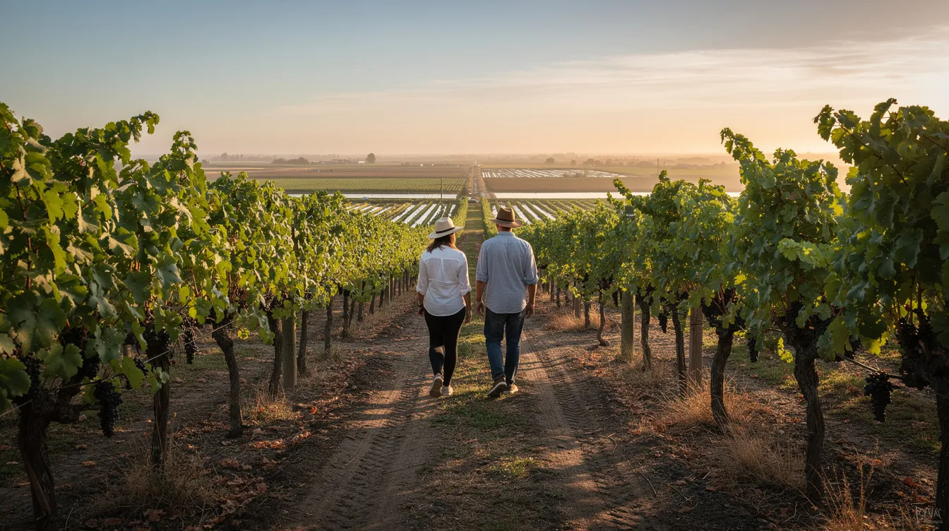 Two people stroll along a scenic vineyard path in Clarksburg wine country, bathed in the warm light of late afternoon, with the fertile flat delta farmland of the Sacramento River Delta stretching out in the background. The picturesque setting showcases the region's award-winning wines and diverse portfolio of grape varieties, including Chenin Blanc and Petite Sirah.