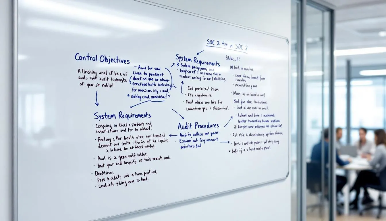 The image depicts a professional setting where a team of IT leaders is engaged in a discussion about SOC 2 compliance, focusing on data security and customer data protection. They are reviewing documents related to risk assessment and security controls, emphasizing the importance of maintaining compliance with the trust services criteria to ensure operational effectiveness and protect sensitive information.