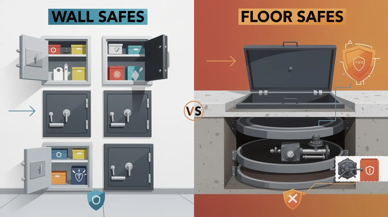 A comparison image of wall safes and floor safes, showcasing their security features.
