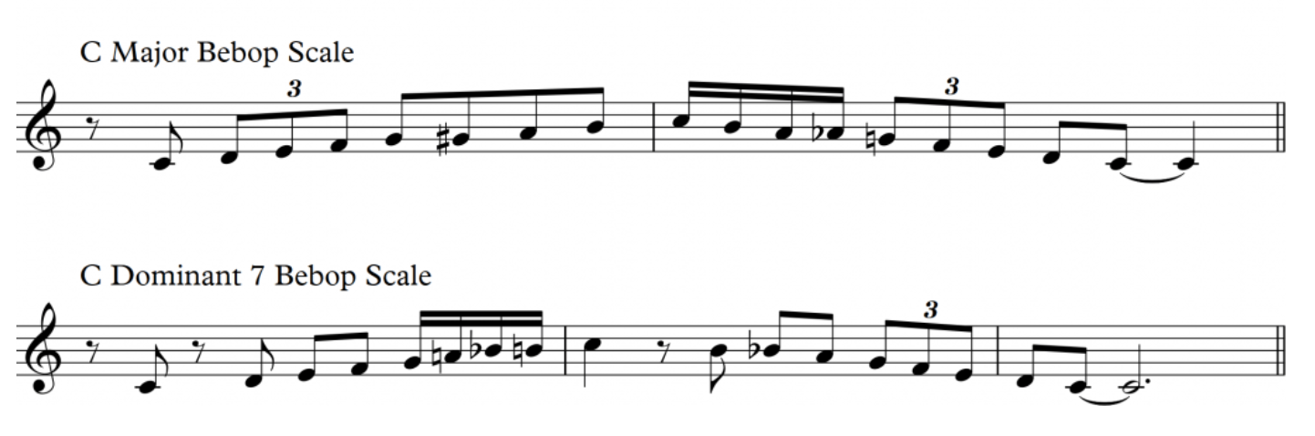 Mixed rhythms using a major bebop scale and a bebop dominant scale