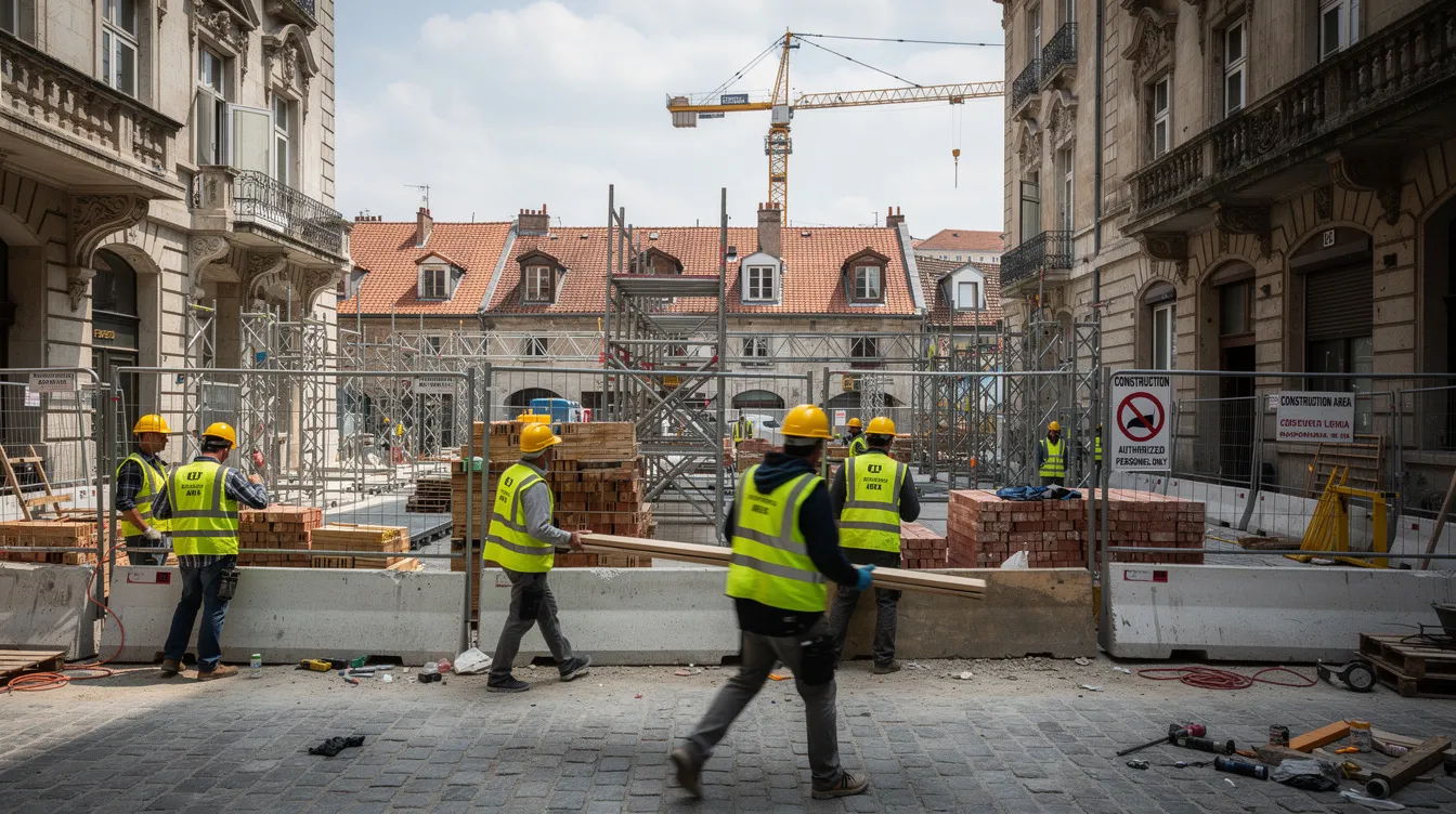 The image depicts a bustling construction site in a European city, where workers, including Indian candidates, are wearing safety helmets and high-visibility vests while engaged in various tasks. This scene reflects the employment opportunities available in Slovenia for professionals in the construction industry, highlighting the importance of safety and teamwork in the workplace.