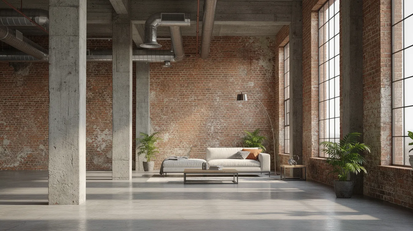 The image depicts an industrial loft interior featuring exposed brick walls, soaring concrete columns, and high ceilings with large warehouse windows that allow ample natural light. This modern soft loft reflects the charm of a heritage structure, ideal for urban living in Toronto's waterfront area.