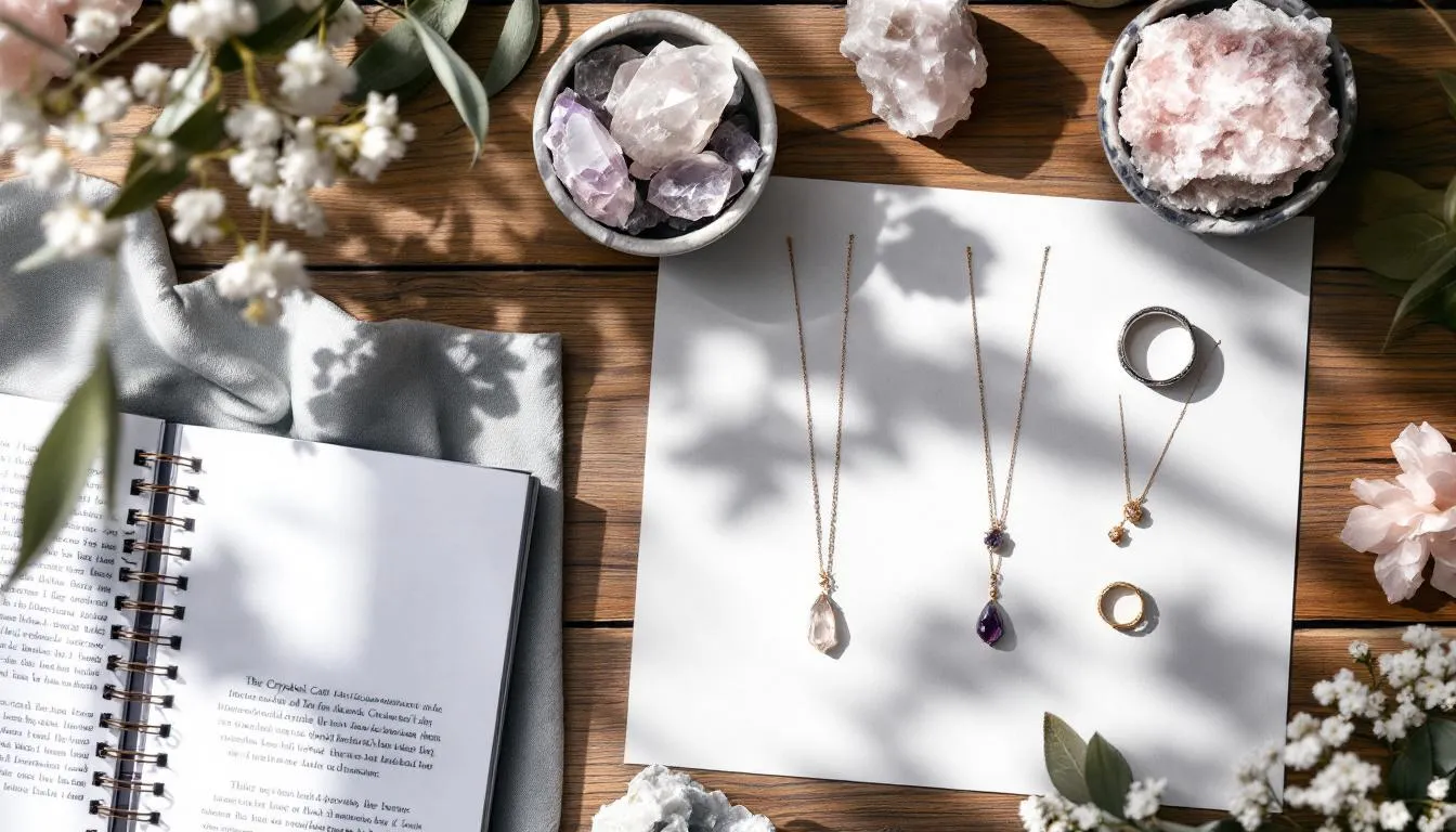 The image depicts a beautifully arranged display of various crystals and gold plated jewellery, including pieces from the saras beads jewellery collection. The setting emphasizes the elegance and individuality of each item, inviting viewers to explore the wonders of jewellery care and the unique properties of different materials, such as sterling silver and nickel-free options.