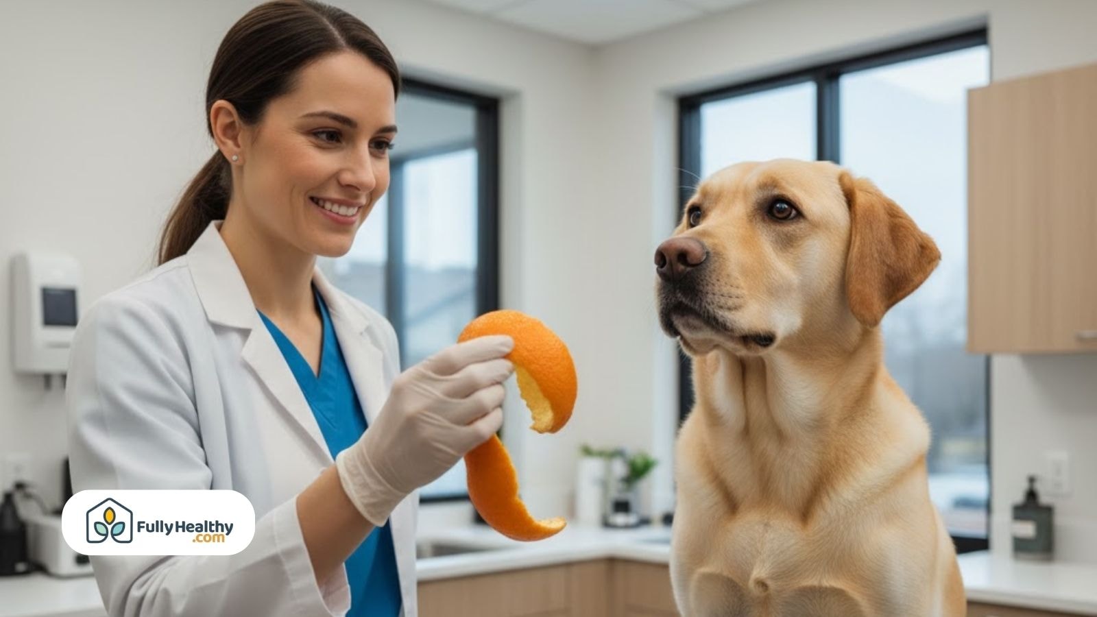 Vet holding orange peel while Labrador watches in exam room