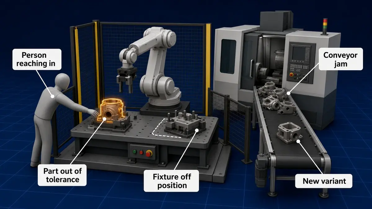 Simulated factory work cell showing robot integration edge cases such as jams and misaligned fixtures