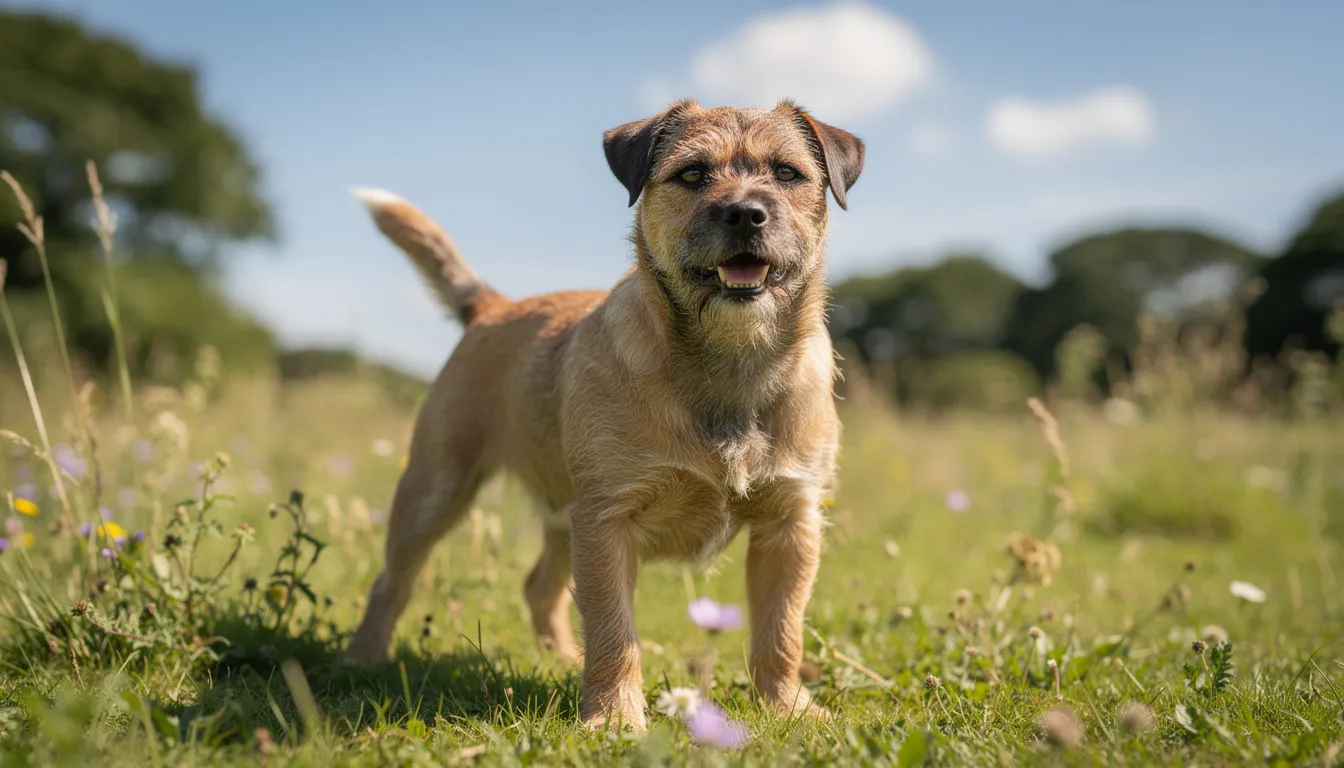 Na łące w słoneczny dzień stoi dorosły border terrier, mały pies o gęstej sierści w kolorze czarno-rudym, który charakteryzuje się krótkim pyskiem i wesołym usposobieniem. Rasa border terrier, znana z historii jako pies myśliwski, cieszy się dużą popularnością wśród miłośników psów.
