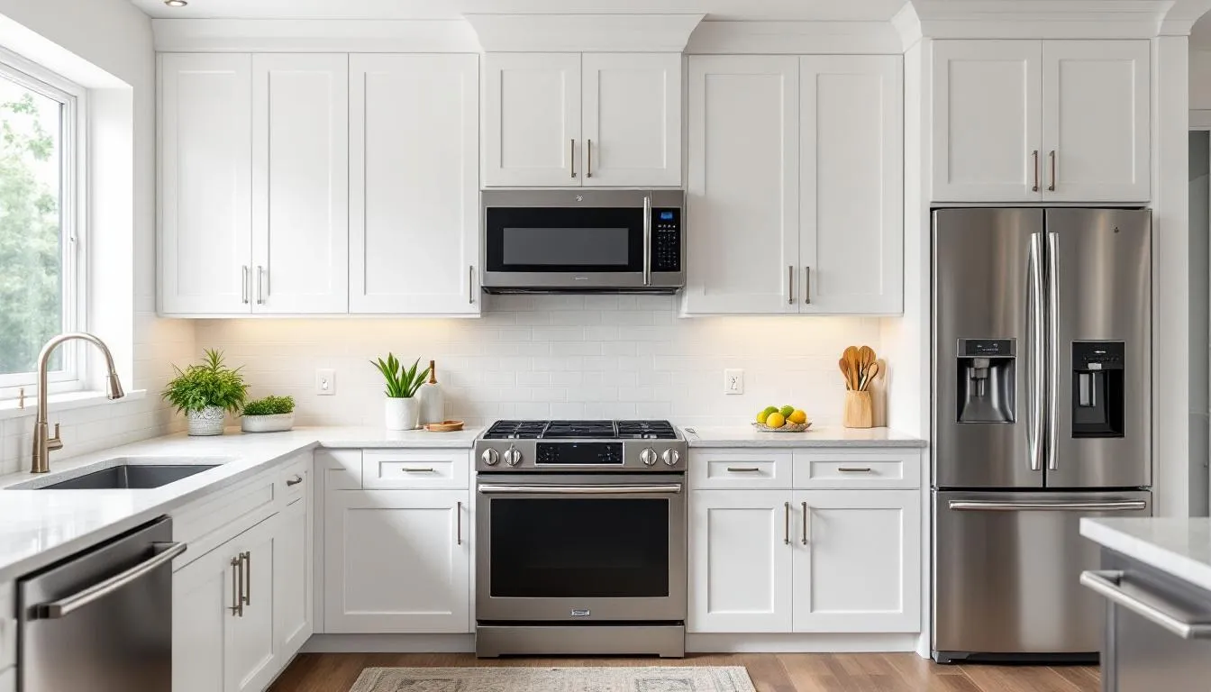 The image features a modern kitchen with professionally painted white laminate cabinets, showcasing a smooth surface and flawless finish. The cabinet doors are neatly arranged, highlighting the seamless look achieved through careful prep work and multiple thin coats of paint.