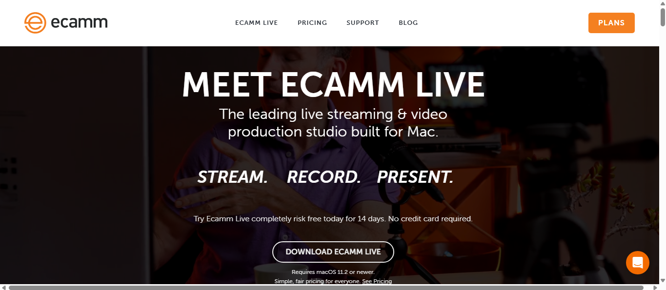 Ecamm Live landing page with “Meet Ecamm Live” and “Stream. Record. Present.” messaging for Mac.
