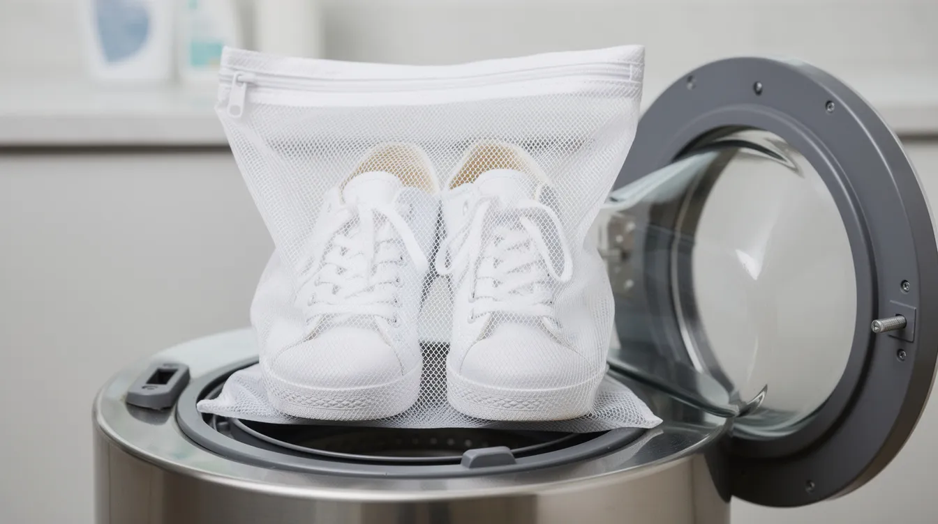 A pair of white canvas sneakers is neatly placed inside a mesh laundry bag, ready to be washed in a washing machine. This setup is ideal for maintaining clean white sneakers while protecting them from damage during the gentle cycle.
