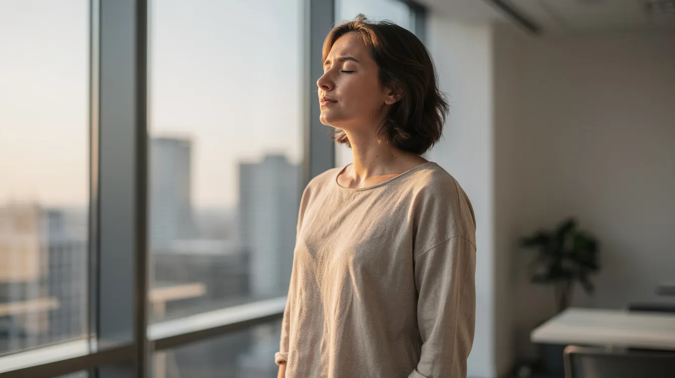 A person stands by a large office window, eyes closed, practicing a simple breathing exercise while natural light illuminates their face. This moment reflects a commitment to mental health and a healthy work-life balance, emphasizing the importance of personal time amidst professional responsibilities.
