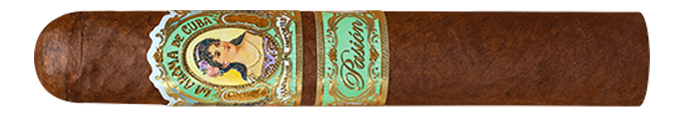 An image of a cigar with a La Aroma de Cuba Pasión band wrapped in a shade grown wrapper.