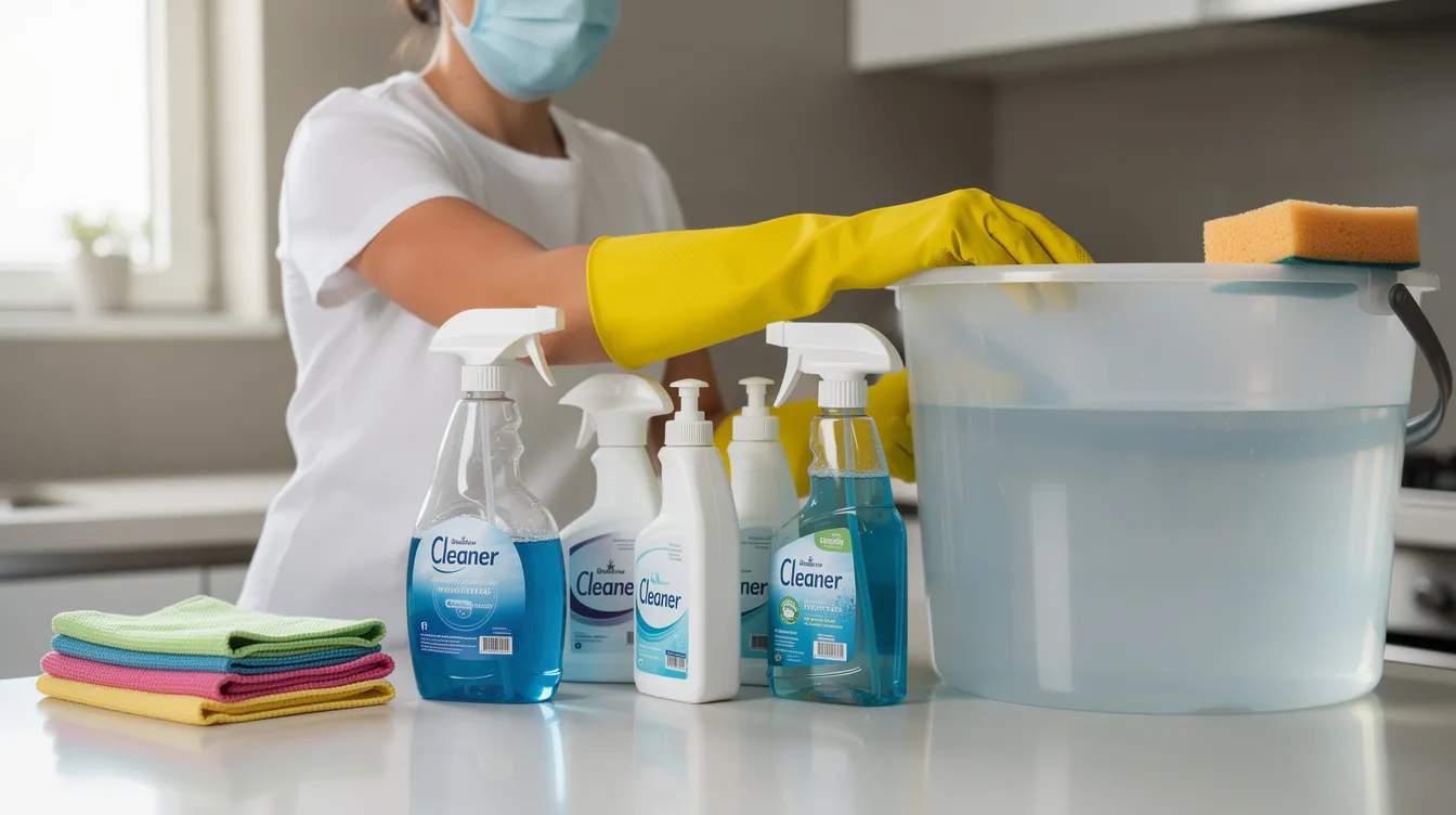 A person wearing rubber gloves and a face mask is preparing cleaning supplies near a bucket, indicating a thorough cleaning process to address potential rodent infestations. The scene suggests an effort to remove rodent waste and eliminate harmful particles, ensuring the affected area is sanitized and safe from health risks.