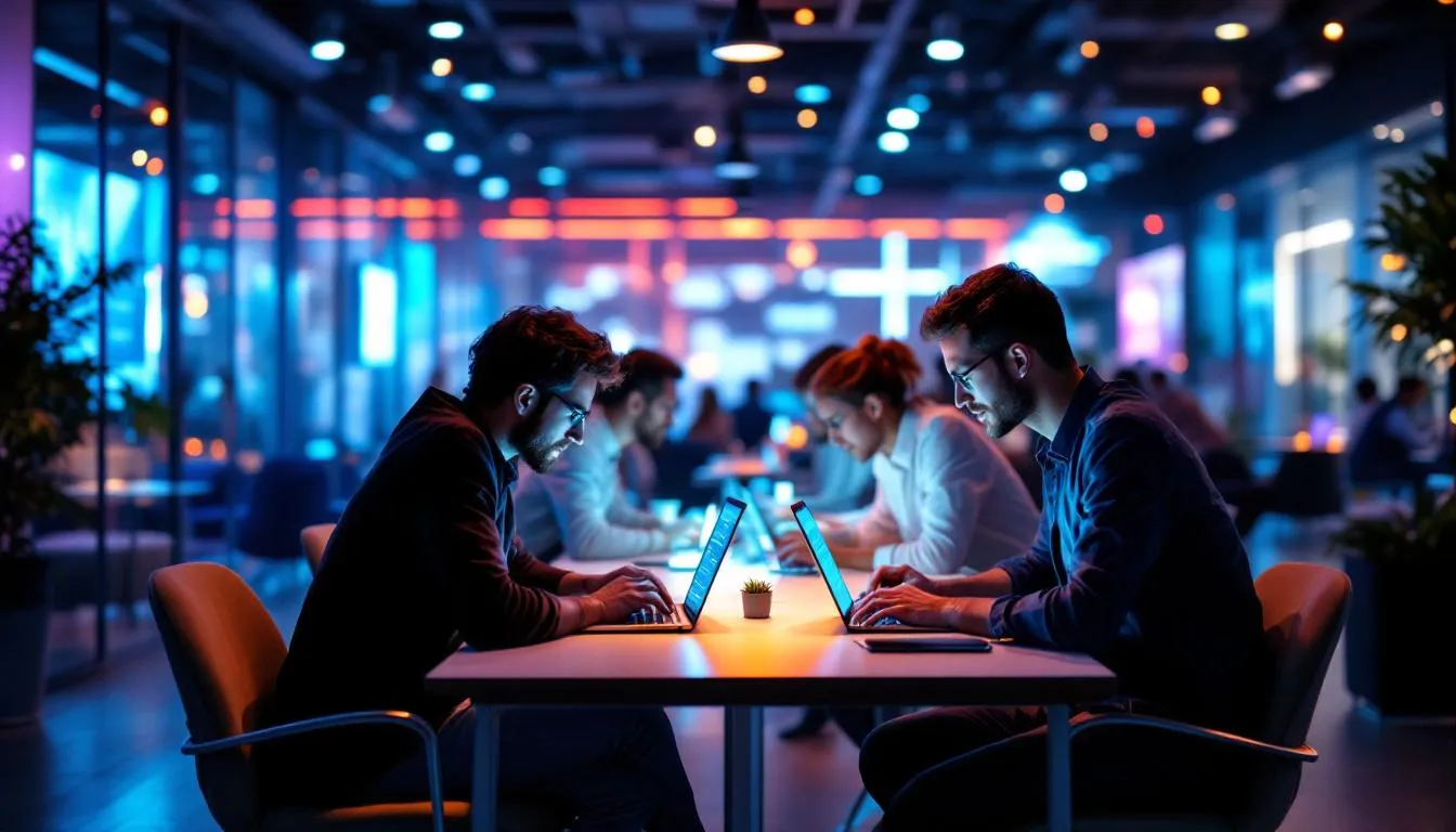 &Eacute;quipe utilisant des ordinateurs portables pour un projet lors d'un &eacute;v&eacute;nement.