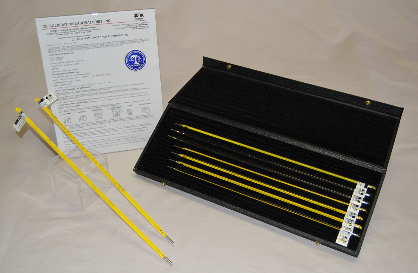 An image showing a set of ASTM thermometers used for quality controls and calibration purposes.