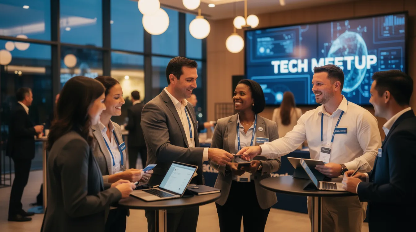 A diverse group of cybersecurity professionals is engaged in networking at a technology industry meetup event, discussing topics like risk analysis, network security, and potential security risks. The atmosphere is filled with collaboration and the exchange of ideas about the latest trends in the cybersecurity field.