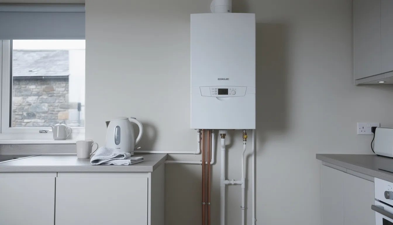 The image shows a modern white gas boiler mounted on the wall of a kitchen in a Scottish home, highlighting a sleek and energy-efficient heating system. This new boiler installation is designed to provide reliable hot water and heating, contributing to lower energy bills and a comfortable living environment.