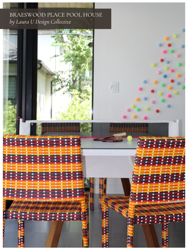 Plaid-inspired woven fabric on chairs in the Braeswood Place Pool House