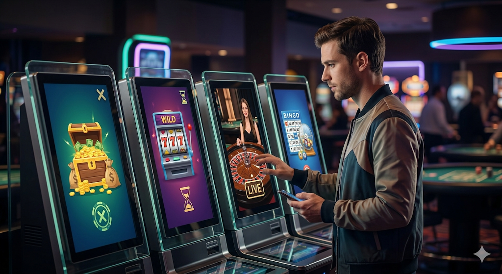 Person som väljer mellan olika typer av casinobonusar