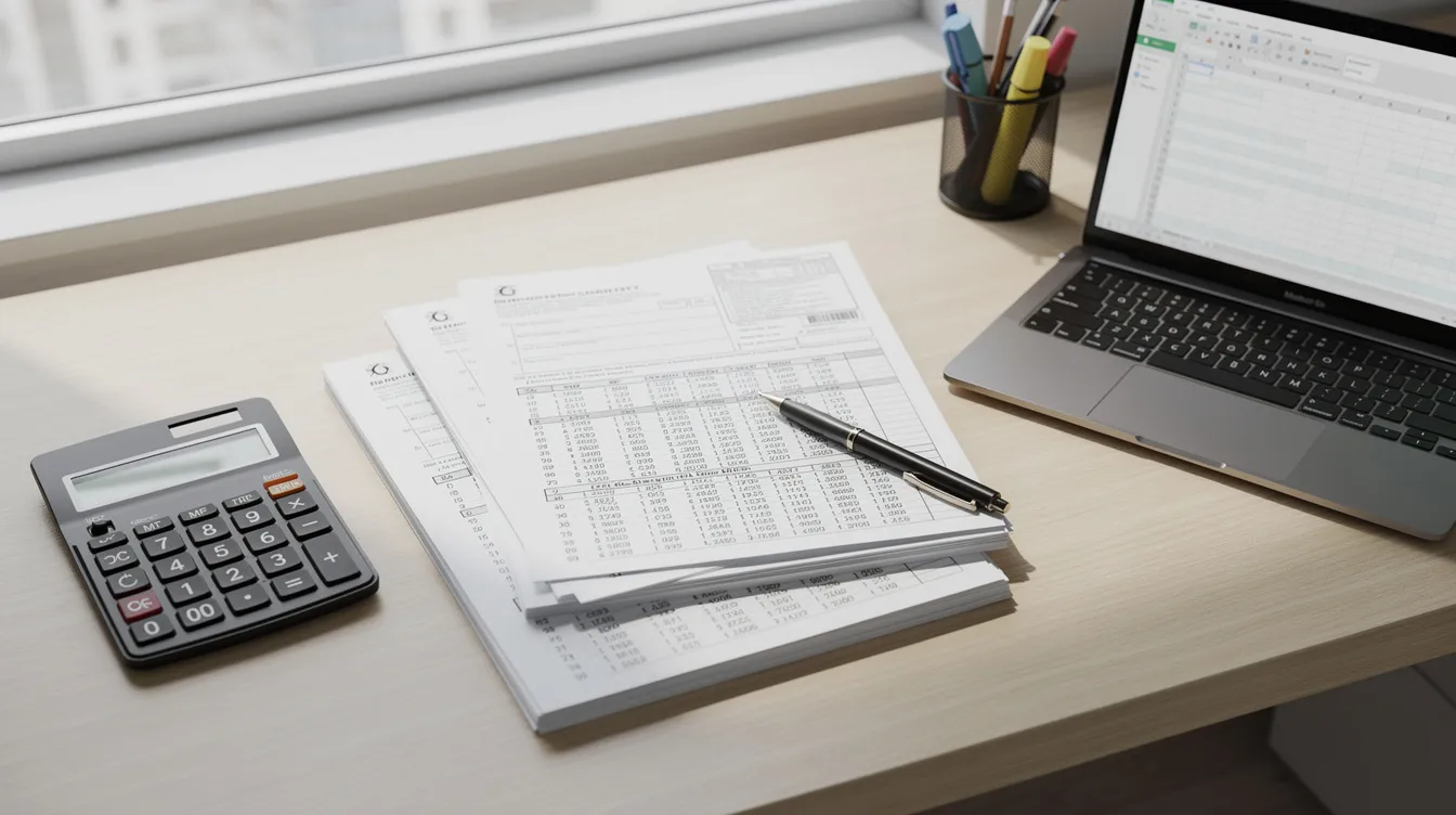 The image features an organized office desk with neatly stacked tax forms, a calculator, and a laptop computer, suggesting a workspace focused on preparing income tax returns and employee retention credit claims. This setup may be utilized by a tax preparer or an eligible employer managing payroll costs and qualified wages for ERC refund applications.