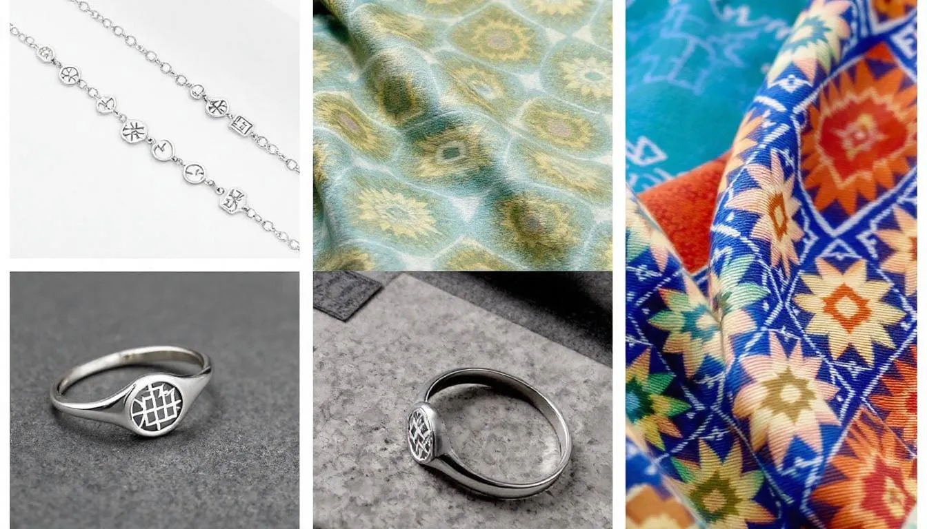 The image showcases modern jewelry and textiles adorned with traditional Amazigh tattoo motifs and geometric patterns, reflecting the rich cultural heritage of the Amazigh people in North Africa. The intricate designs highlight the artistic symbols and tribal affiliations significant to Amazigh women, emphasizing the cultural importance of tattooing traditions within their communities.