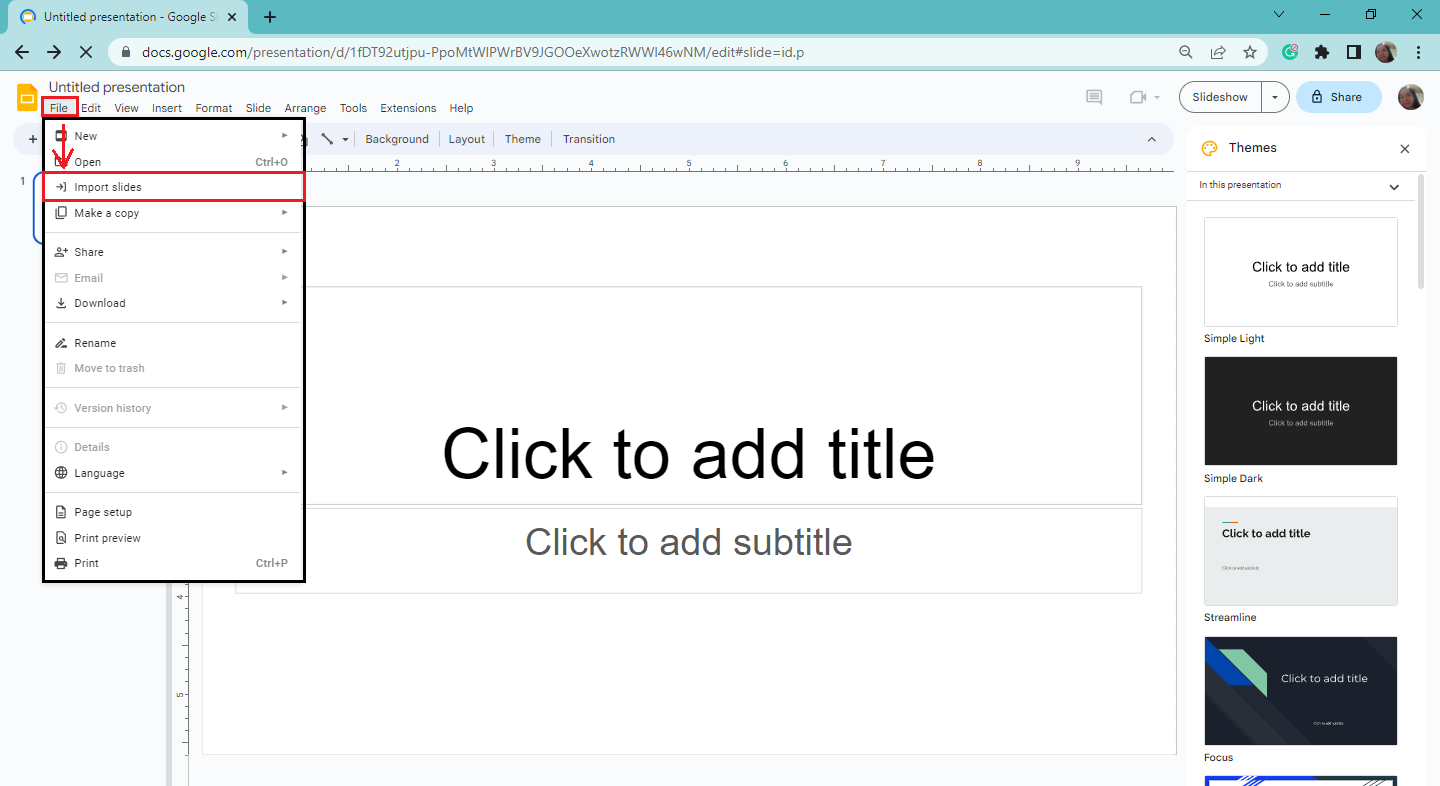 On your Google Slides website presentation, go to the "File" tab and click "Import slides" in the drop down menu.