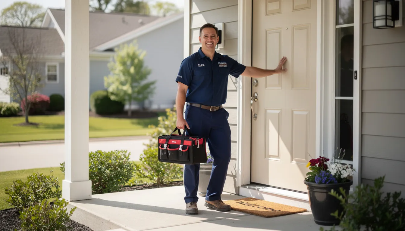 A professional plumber, dressed in a clean uniform, stands at a residential front door holding a tool bag, ready to address any plumbing emergencies. This reliable emergency plumber is prepared to tackle common plumbing issues, ensuring homeowners receive prompt and efficient service.