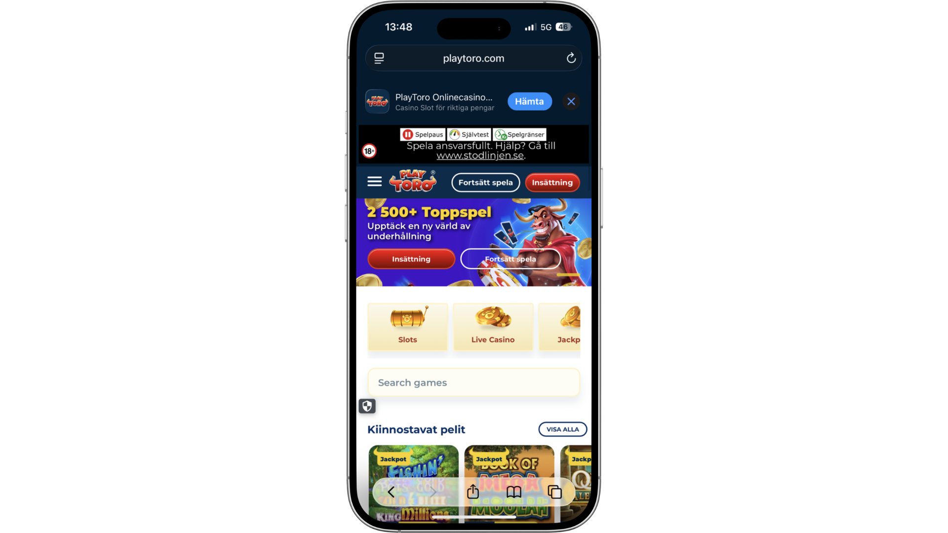 PlayToros mobilanpassade startsida med spelutbud och insättning.