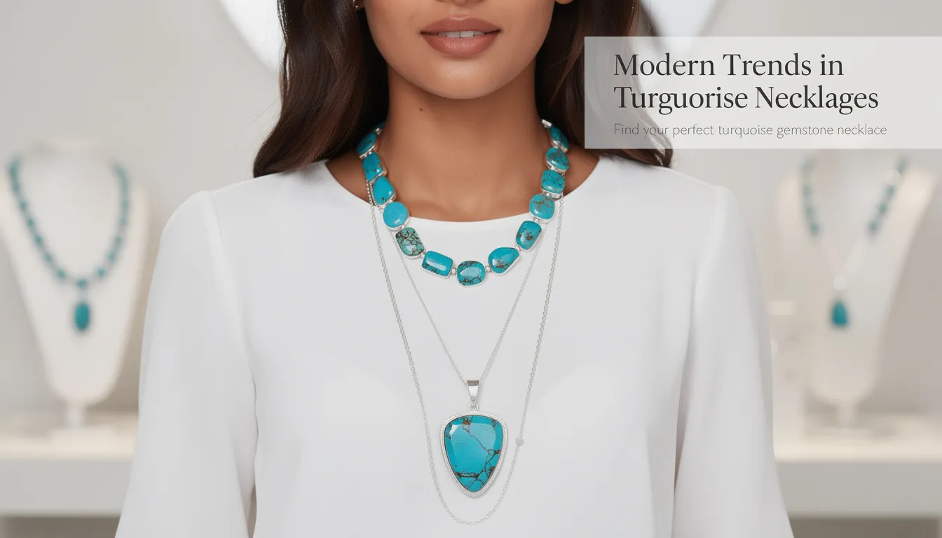 A collection of modern turquoise gemstone necklaces displayed elegantly, featuring various lengths suitable for layering or a standalone statement piece. Each necklace is crafted with beautiful stones set in sterling silver or gold vermeil, showcasing the vibrant color and unique style perfect for any wardrobe.