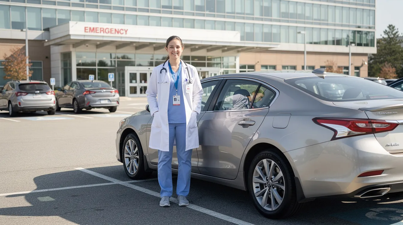 A healthcare professional stands next to their own car in a hospital parking lot, ready for their next assignment location. This image highlights the importance of reliable transportation options for travel nurses, ensuring their vehicles are safely transported to new locations without hidden fees.
