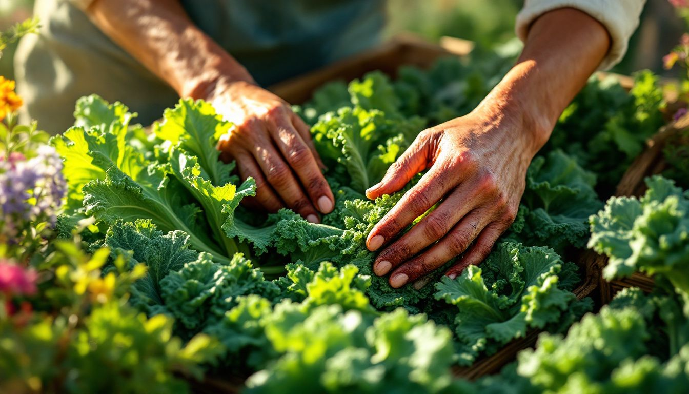 Hands massaging kale leaves to make them tender.