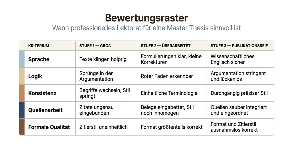 Bewertungsraster von Stufe 1 (grob) bis Stufe 3 (publikationsreif) für Sprache, Logik, Konsistenz, Quellenarbeit und formale Qualität einer Masterarbeit auf Englisch