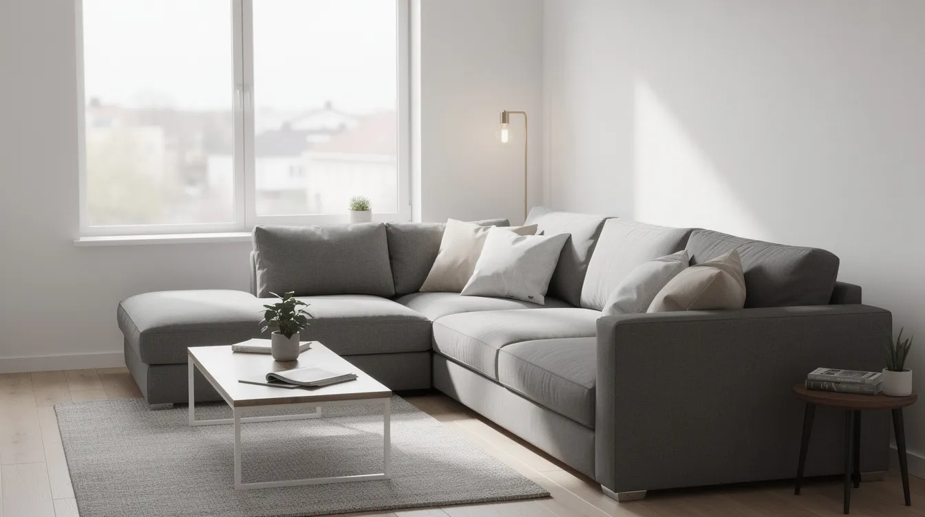 Ett modernt vardagsrum med en grå hörnbäddsoffa och divan placerad vid fönstret. Soffan är utrustad med kuddar och täcken, vilket gör den till en bekväm lösning för både sittande och sovande gäster.