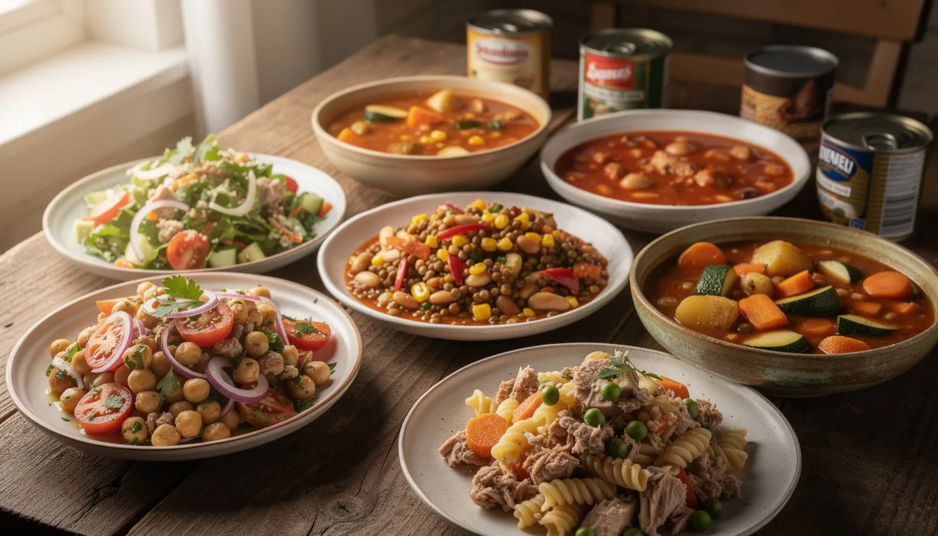 La imagen muestra una mesa de madera con varios platos caseros coloridos, incluyendo ensaladas y guisos, todos preparados con ingredientes de latas, como pimientos y verduras en conserva. Estos alimentos envasados destacan por su frescura y variedad, reflejando un método de preparación accesible y práctico.