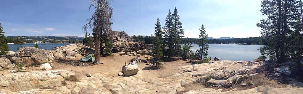 rocks, pines lake