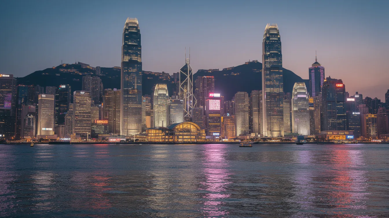 The image showcases the Hong Kong business district skyline at dusk, with office buildings illuminated against a twilight sky. This vibrant scene reflects the bustling commercial activity in the area, highlighting the importance of 中小企業貸款 and financing options available for businesses.